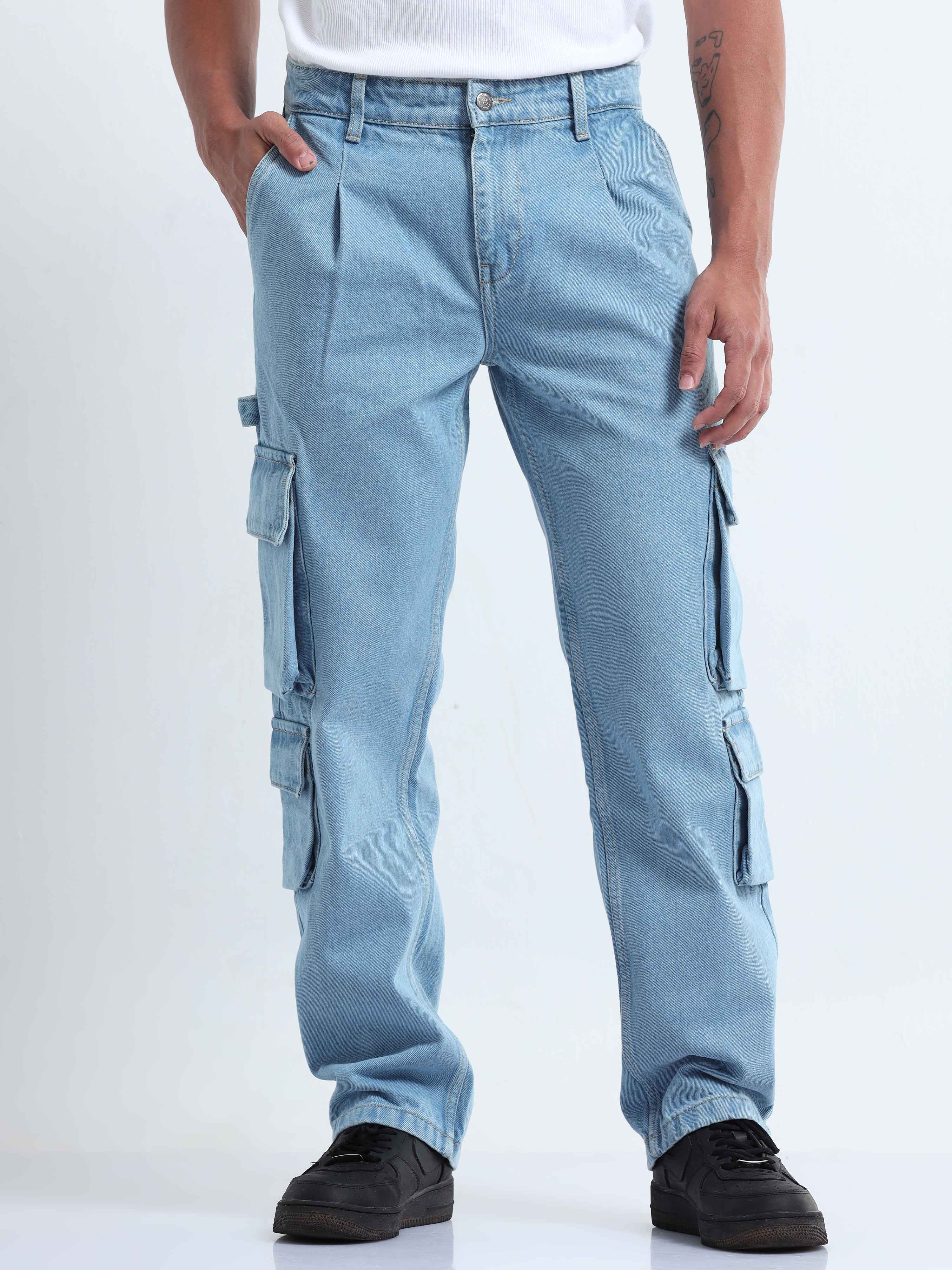 Ragzo Blue Cargo Jeans Pant For Men Slim Fit Stretchable